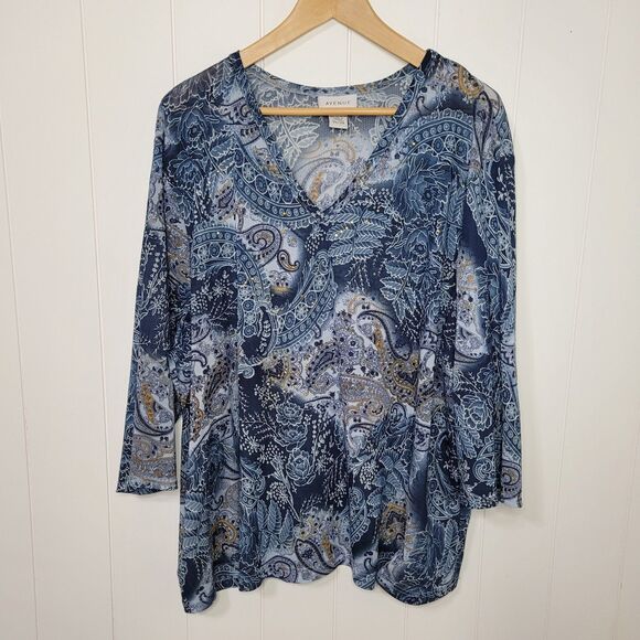 Avenue Womens Top Size 26/28 4X Boho Blue Embellished - Picture 1 of 7
